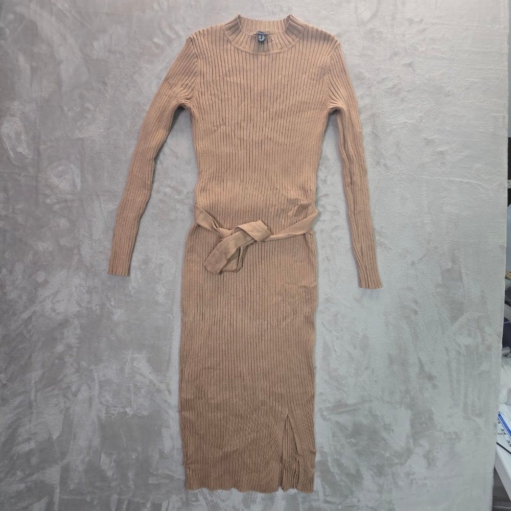 New Look Womens Ribbed Knit Tie Waist Mock Neck Midi Dress Camel Tan Size 8